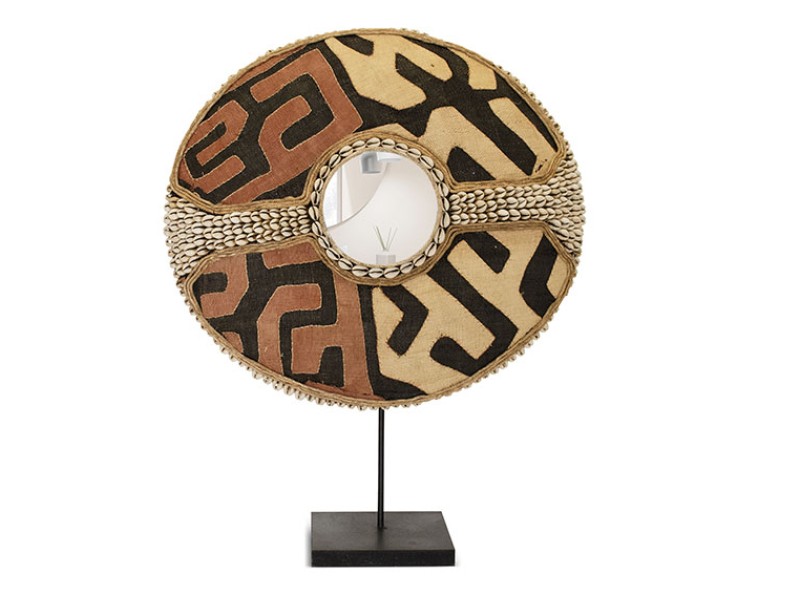 African Shield Mirror Design With Kuba Cloth and Cowrie Cross African Shield Mirror Design With Kuba Cloth and Cowrie Cross